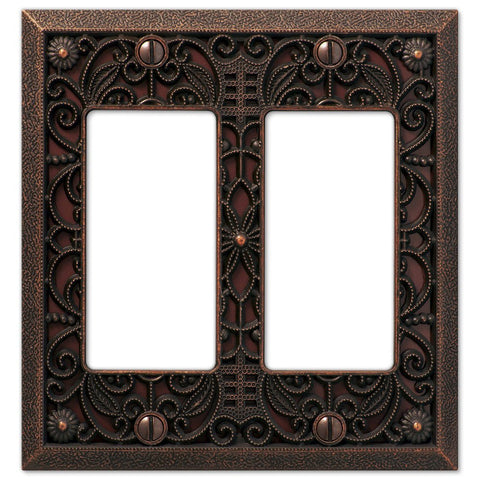 Filigree Aged Bronze Cast - 2 Rocker Wallplate - Wallplate Warehouse 65RRDB 070686574034 2 Rocker