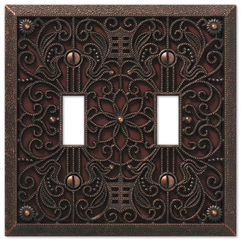 Filigree Aged Bronze Cast - 2 Toggle Wallplate - Wallplate Warehouse 65TTDB 070686574027 2 Toggle