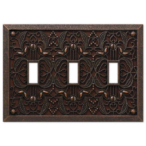 Filigree Aged Bronze Cast - 3 Toggle Wallplate - Wallplate Warehouse 65TTTDB 070686574041 3 Toggle