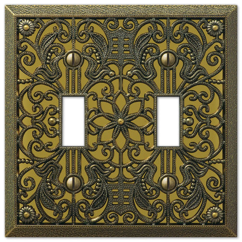 Filigree Antique Brass Cast - 2 Toggle Wallplate - Wallplate Warehouse 65TTAB 070686167601 2 Toggle