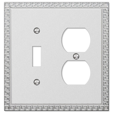 Greek Key Frosted Chrome Cast - 1 Toggle / 1 Duplex Outlet Wallplate - Wallplate Warehouse