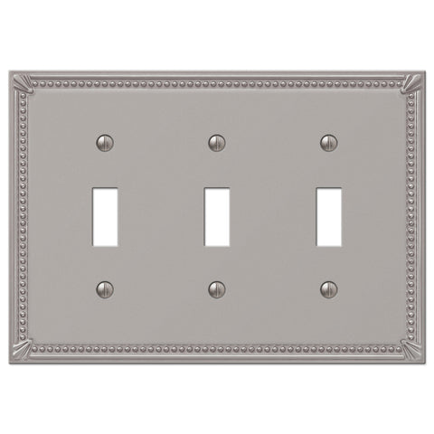 Imperial Bead Brushed Nickel Cast - 3 Toggle Wallplate - Wallplate Warehouse