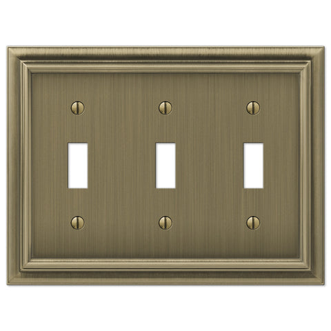 Continental Brushed Brass Cast - 3 Toggle Wallplate - Wallplate Warehouse