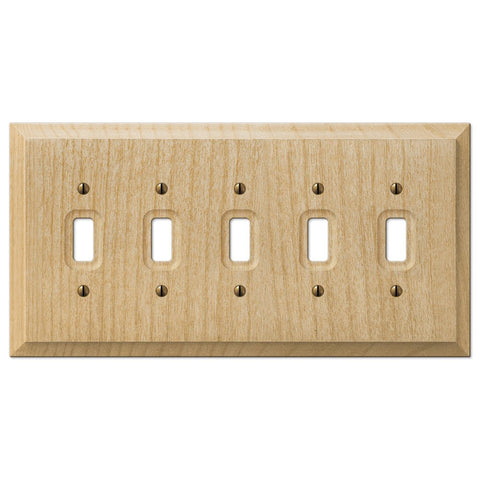 Baker Unfinished Alder Wood - 5 Toggle Wallplate - Wallplate Warehouse 180T5 - B 070686580110 5 Toggle