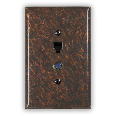 Distressed Dark Copper - 1 Phone Jack / 1 Cable Jack Wallplate - Wallplate Warehouse DISDCOP1PJ1CJ 819332021665