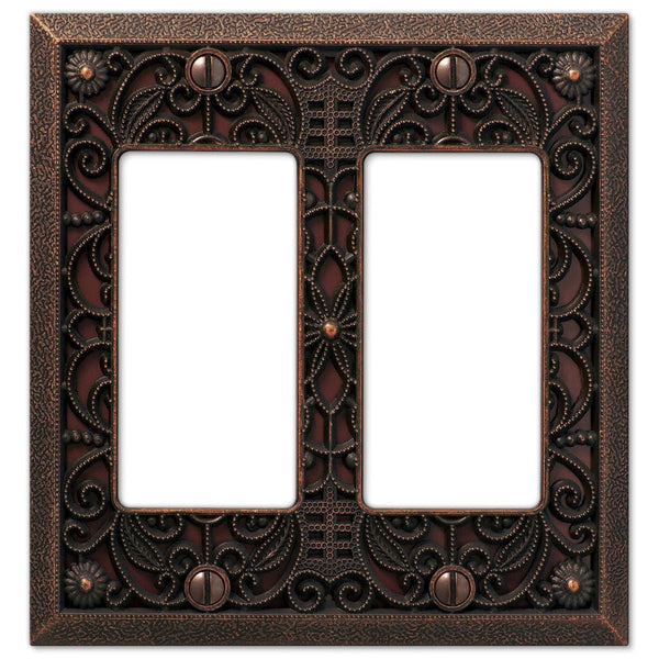 Filigree Aged Bronze Cast - 2 Rocker Wallplate - Wallplate Warehouse 65RRDB 070686574034 2 Rocker