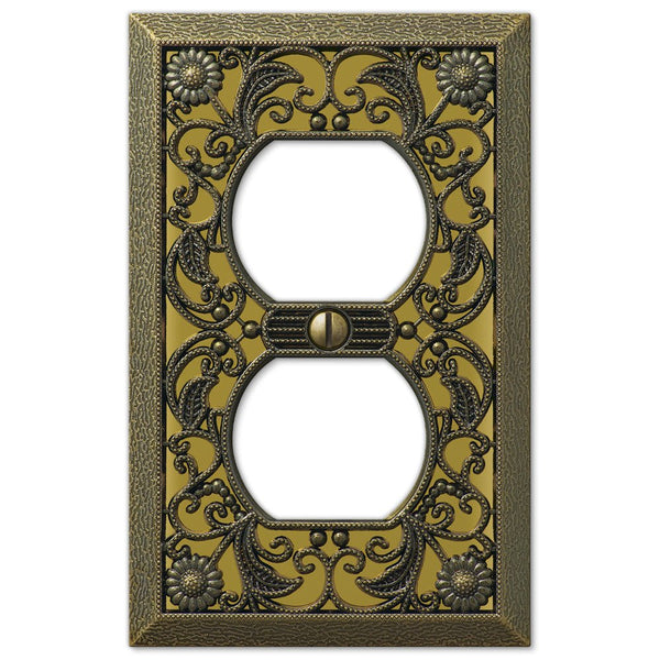 Filigree Antique Brass Cast - 1 Duplex Wallplate - Wallplate Warehouse 65DAB 070686167502 1 Duplex