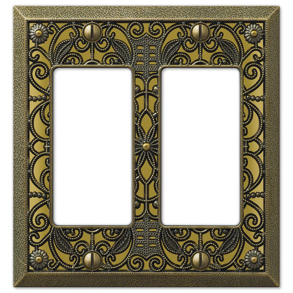 Filigree Antique Brass Cast - 2 Rocker Wallplate - Wallplate Warehouse 65RRAB 070686573945 2 Rocker