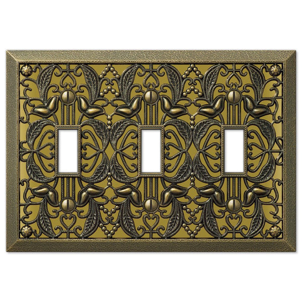 Filigree Antique Brass Cast - 3 Toggle Wallplate - Wallplate Warehouse 65TTTAB 070686167809 3 Toggle