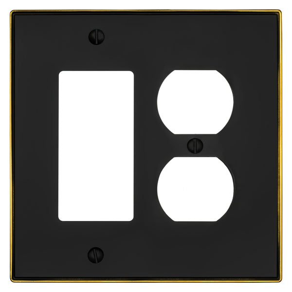 Halle Matte Black w/ Champagne Bronze Border Cast - 1 Rocker / 1 Duplex Wallplate - Wallplate Warehouse 70RD - MBCB - B 070686021538 1 Rocker / 1 Duplex