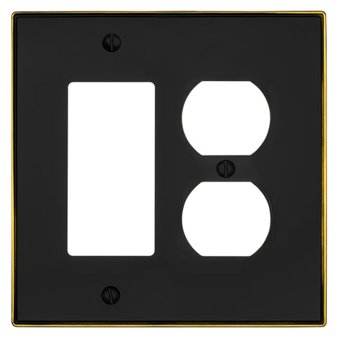 Halle Matte Black w/ Champagne Bronze Border Cast - 1 Rocker / 1 Duplex Wallplate - Wallplate Warehouse 70RD - MBCB - B 070686021538 1 Rocker / 1 Duplex