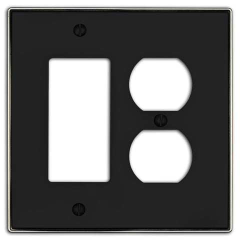 Halle Matte Black w/ Nickel Border Cast - 1 Rocker / 1 Duplex Wallplate - Wallplate Warehouse 70RD - MBBN - B 070686021507 1 Rocker / 1 Duplex
