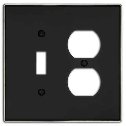 Halle Matte Black w/ Nickel Border Cast - 1 Toggle / 1 Duplex Wallplate - Wallplate Warehouse 70TD - MBBN - B 070686021187 1 Toggle / 1 Duplex
