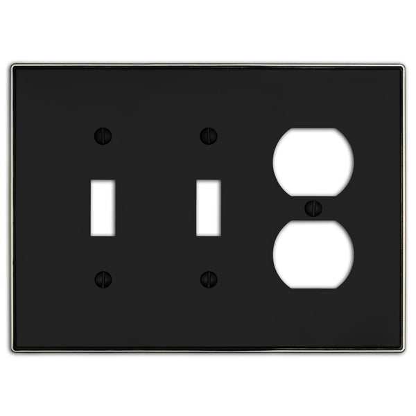 Halle Matte Black w/ Nickel Border Cast - 2 Toggle / 1 Duplex Wallplate - Wallplate Warehouse 70TTD - MBBN - B 070686021200 2 Toggle / 1 Duplex