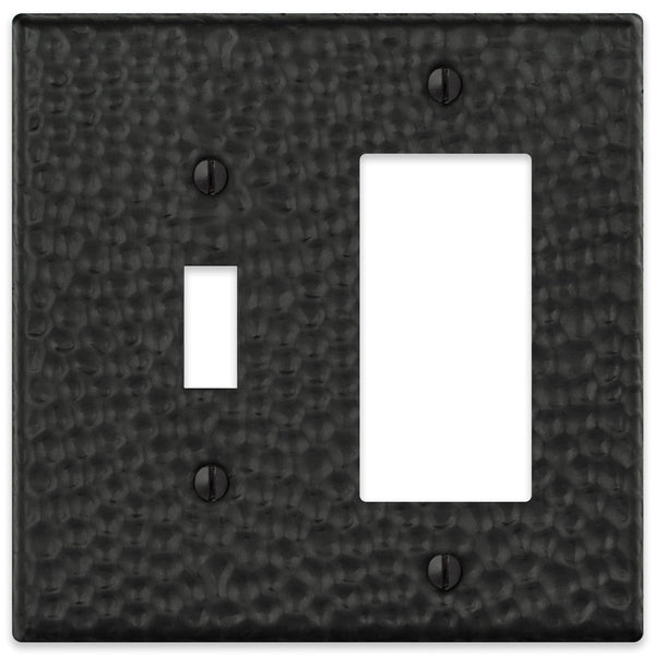 Hammered Matte Black Steel - 1 Toggle / 1 Rocker Wallplate - Wallplate Warehouse 156TRMB - B 070686017739 1 Toggle / 1 Rocker
