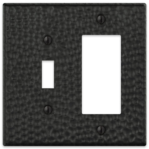 Hammered Matte Black Steel - 1 Toggle / 1 Rocker Wallplate - Wallplate Warehouse 156TRMB - B 070686017739 1 Toggle / 1 Rocker