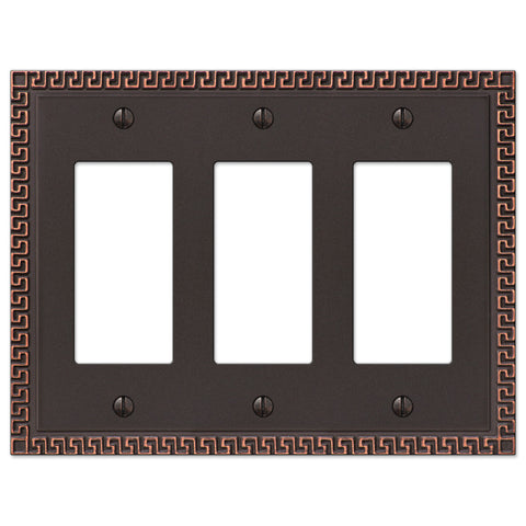 Greek Key Aged Bronze Cast - 3 Rocker Wallplate - Wallplate Warehouse