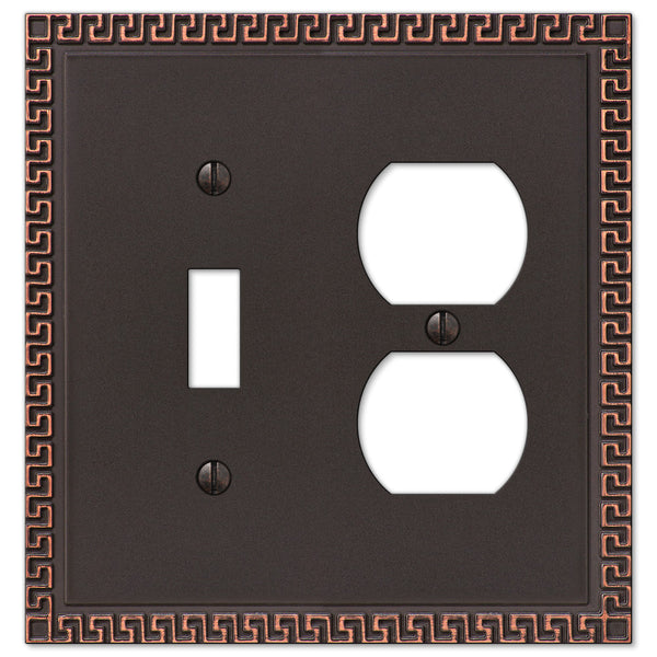 Greek Key Aged Bronze Cast - 1 Toggle / 1 Duplex Outlet Wallplate - Wallplate Warehouse