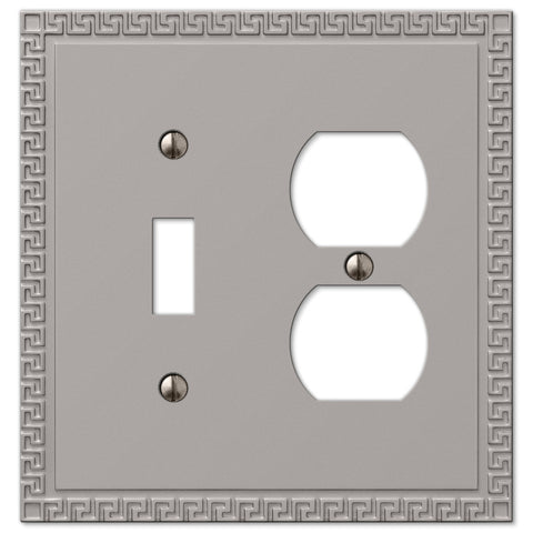 Greek Key Satin Nickel Cast - 1 Toggle / 1 Duplex Outlet Wallplate - Wallplate Warehouse