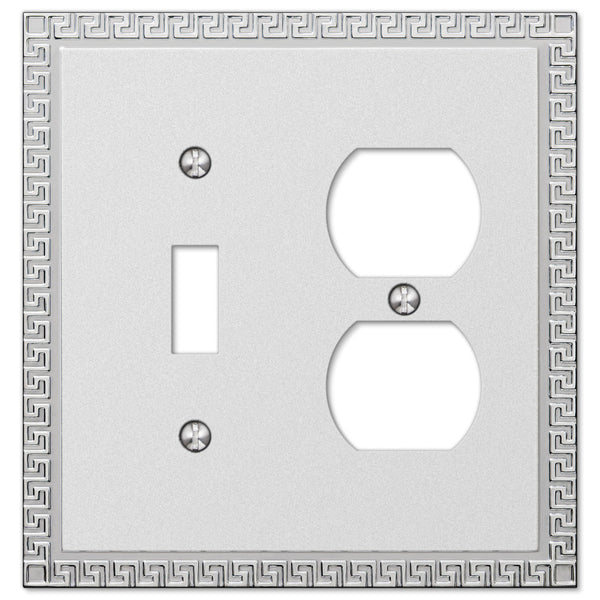 Greek Key Frosted Chrome Cast - 1 Toggle / 1 Duplex Outlet Wallplate - Wallplate Warehouse