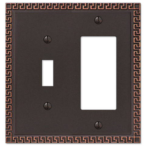 Greek Key Aged Bronze Cast - 1 Toggle / 1 Rocker Wallplate - Wallplate Warehouse