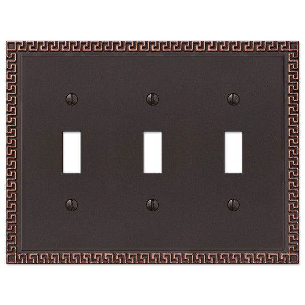 Greek Key Aged Bronze Cast - 3 Toggle Wallplate - Wallplate Warehouse