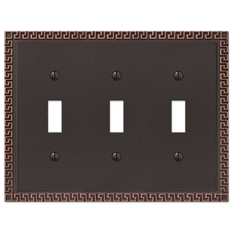 Greek Key Aged Bronze Cast - 3 Toggle Wallplate - Wallplate Warehouse