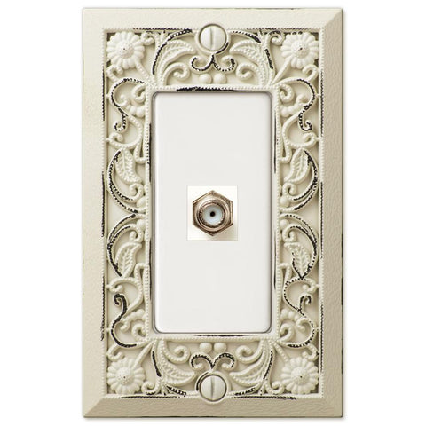 Filigree Antique White Cast - 1 Cable Jack Wallplate - Wallplate Warehouse
