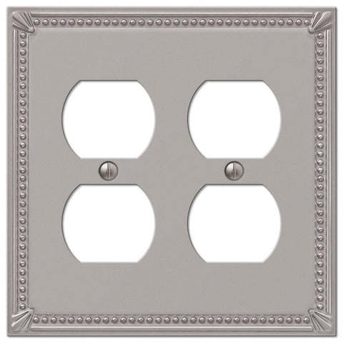 Imperial Bead Brushed Nickel Cast - 2 Duplex Outlet Wallplate - Wallplate Warehouse