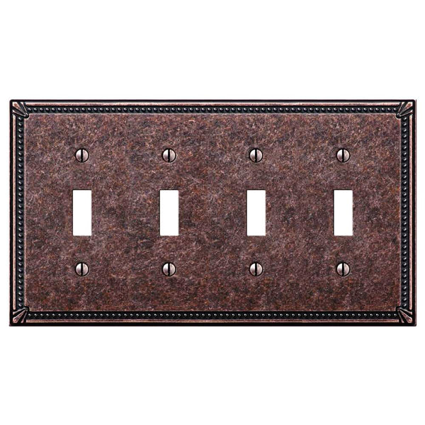 Imperial Bead Tumbled Aged Bronze Cast - 4 Toggle Wallplate - Wallplate Warehouse