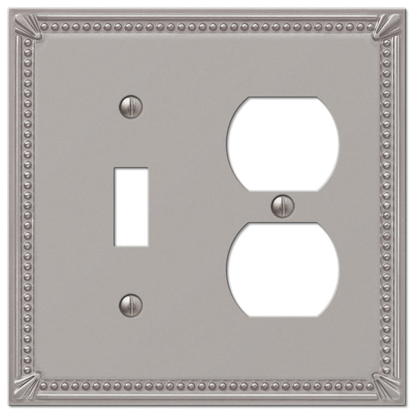 Imperial Bead Brushed Nickel Cast - 1 Toggle / 1 Duplex Outlet Wallplate - Wallplate Warehouse