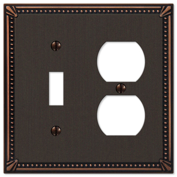 Imperial Bead Aged Bronze Cast - 1 Toggle / 1 Duplex Outlet Wallplate - Wallplate Warehouse