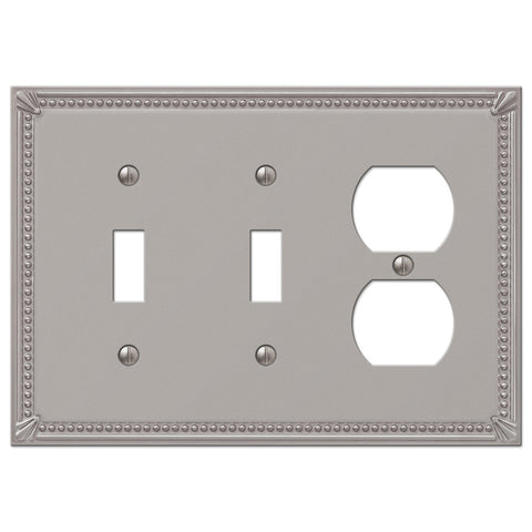 Imperial Bead Brushed Nickel Cast - 2 Toggle / 1 Duplex Outlet Wallplate - Wallplate Warehouse