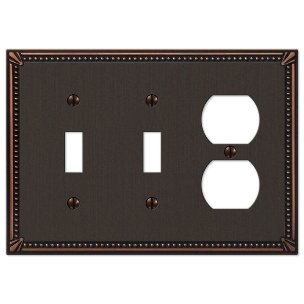 Imperial Bead Aged Bronze Cast - 2 Toggle / 1 Duplex Outlet Wallplate - Wallplate Warehouse