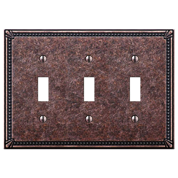 Imperial Bead Tumbled Aged Bronze Cast - 3 Toggle Wallplate - Wallplate Warehouse