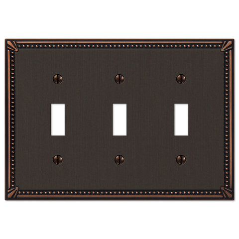Imperial Bead Aged Bronze Cast - 3 Toggle Wallplate - Wallplate Warehouse