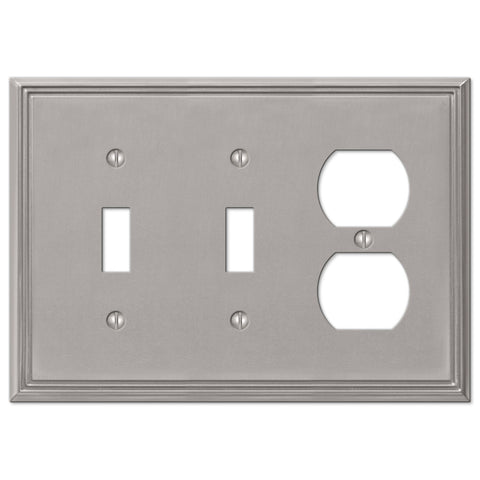 Metro Line Brushed Nickel Cast - 2 Toggle / 1 Duplex Outlet Wallplate - Wallplate Warehouse