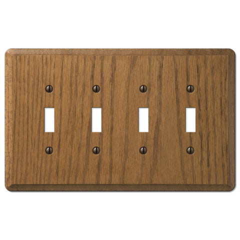 Contemporary Medium Oak Wood - 4 Toggle Wallplate - Wallplate Warehouse