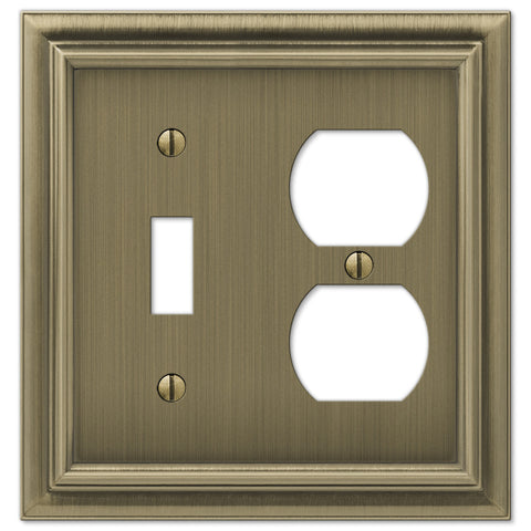 Continental Brushed Brass Cast - 1 Toggle / 1 Duplex Outlet Wallplate - Wallplate Warehouse